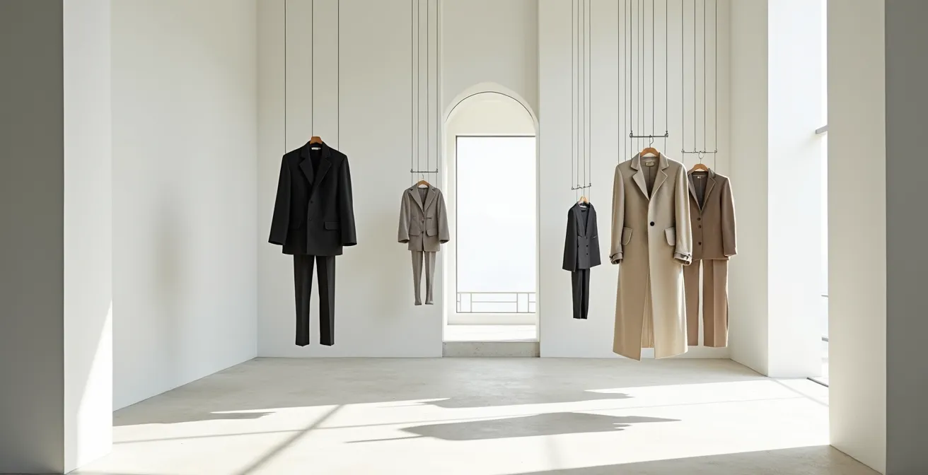 Visuelle Darstellung der architektonischen Outfit-Komposition mit Linien und Proportionen