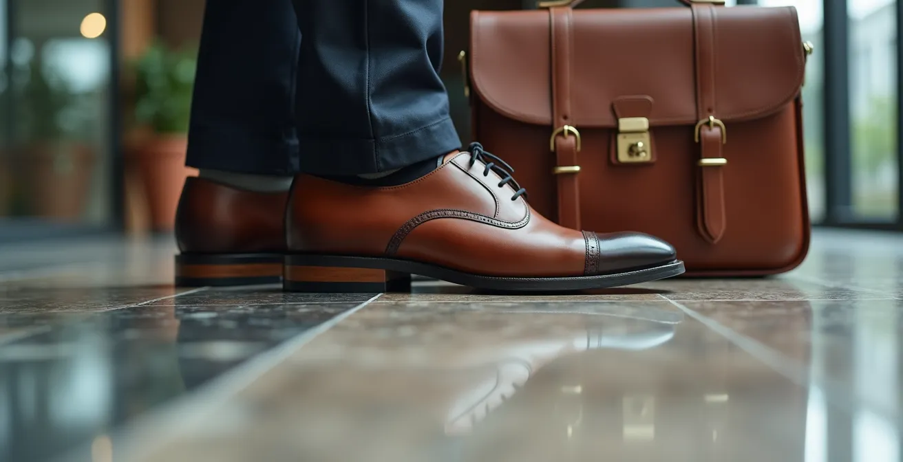 Elegante Lederschuhe neben professioneller Aktentasche auf Marmorboden, Detailansicht der Koordination.