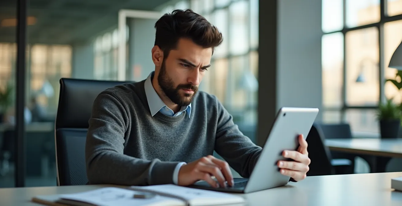 Geschäftsmann analysiert LinkedIn-Profile auf Tablet zur Dresscode-Recherche
