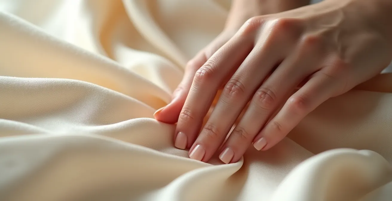 Detailaufnahme von Händen, die einen feinen, luxuriösen Stoff berühren und dessen Textur erkunden.
