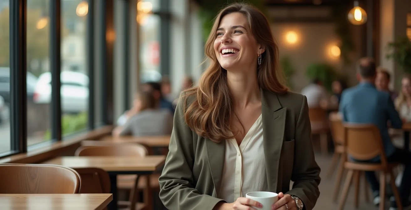 Eine elegant gekleidete Frau in einem Café, die herzlich lacht und durch bewusst unperfekte Details wie einen hochgeschobenen Ärmel zugänglich und souverän wirkt.