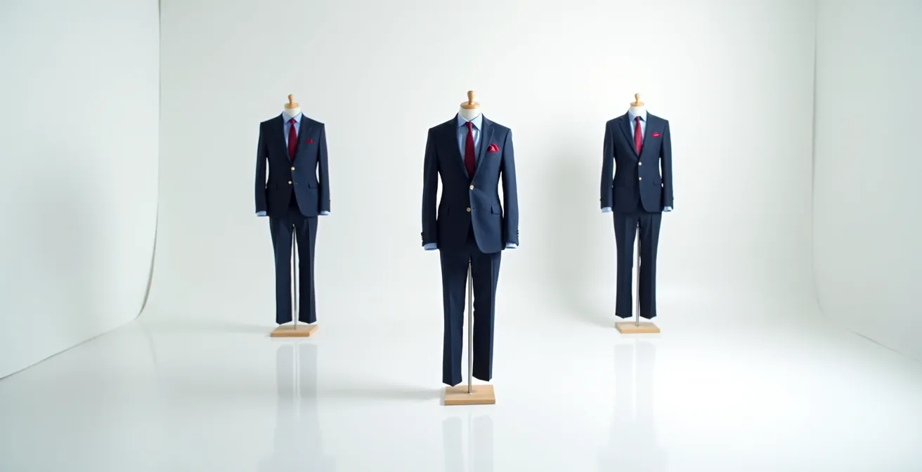 Visuelle Darstellung der 60-30-10 Farbkompositionsregel an drei Schaufensterpuppen mit Outfits in Marineblau, Hellblau und Burgundrot.