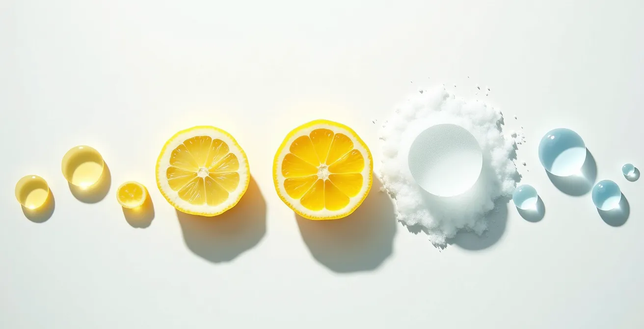 Abstrakte Darstellung der pH-Wert-Skala mit Haarpflegeprodukten, die saure, neutrale und alkalische Elemente symbolisieren