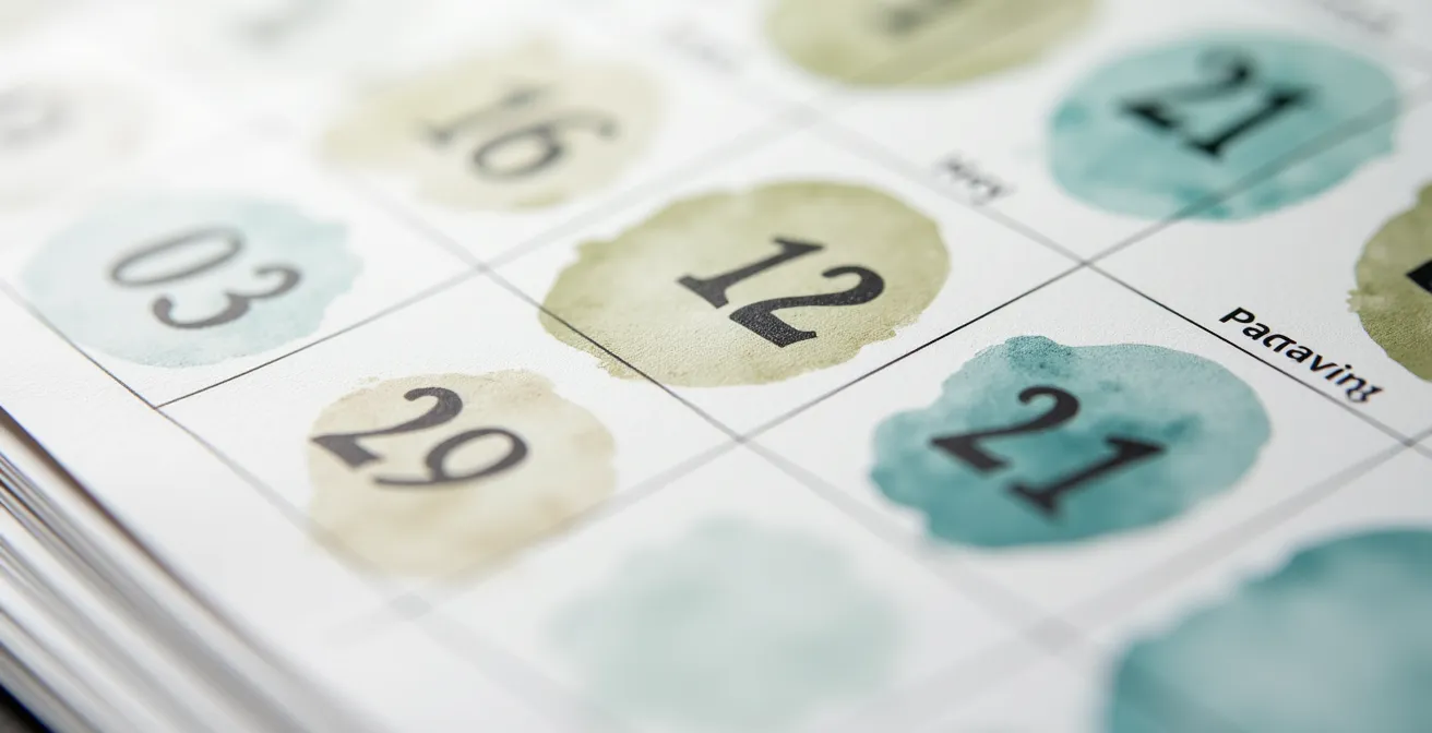 Makroaufnahme eines Kalenders mit markierten Tagen für Hautpflegeroutine