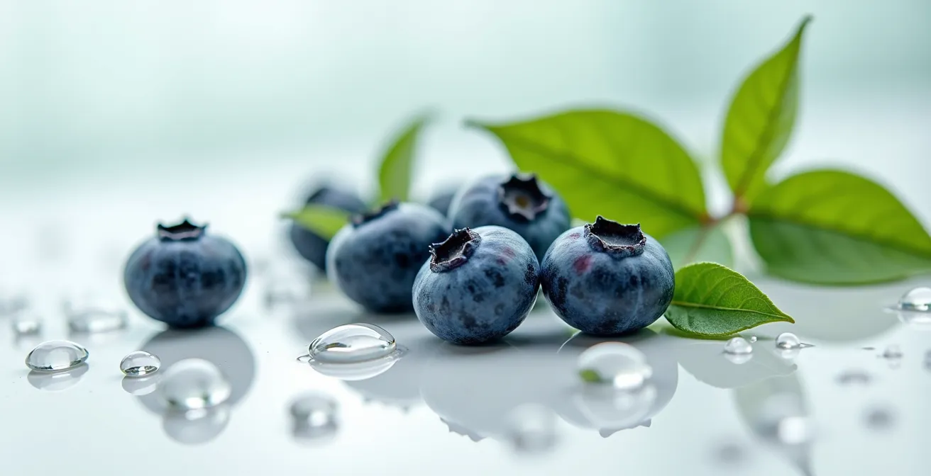 Makroaufnahme von antioxidativen Hautschutzprodukten wie Blaubeeren und grünem Tee