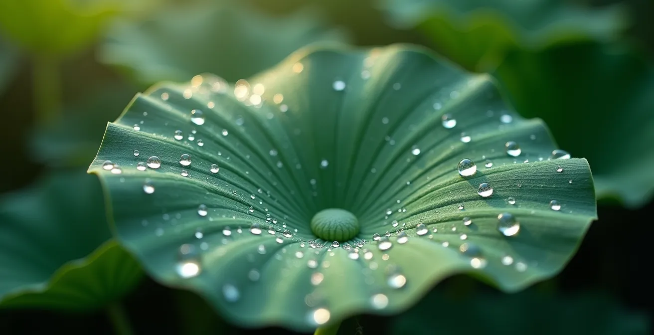 Symbolische Darstellung der Hautschutzbarriere durch Wassertropfen auf Blatt