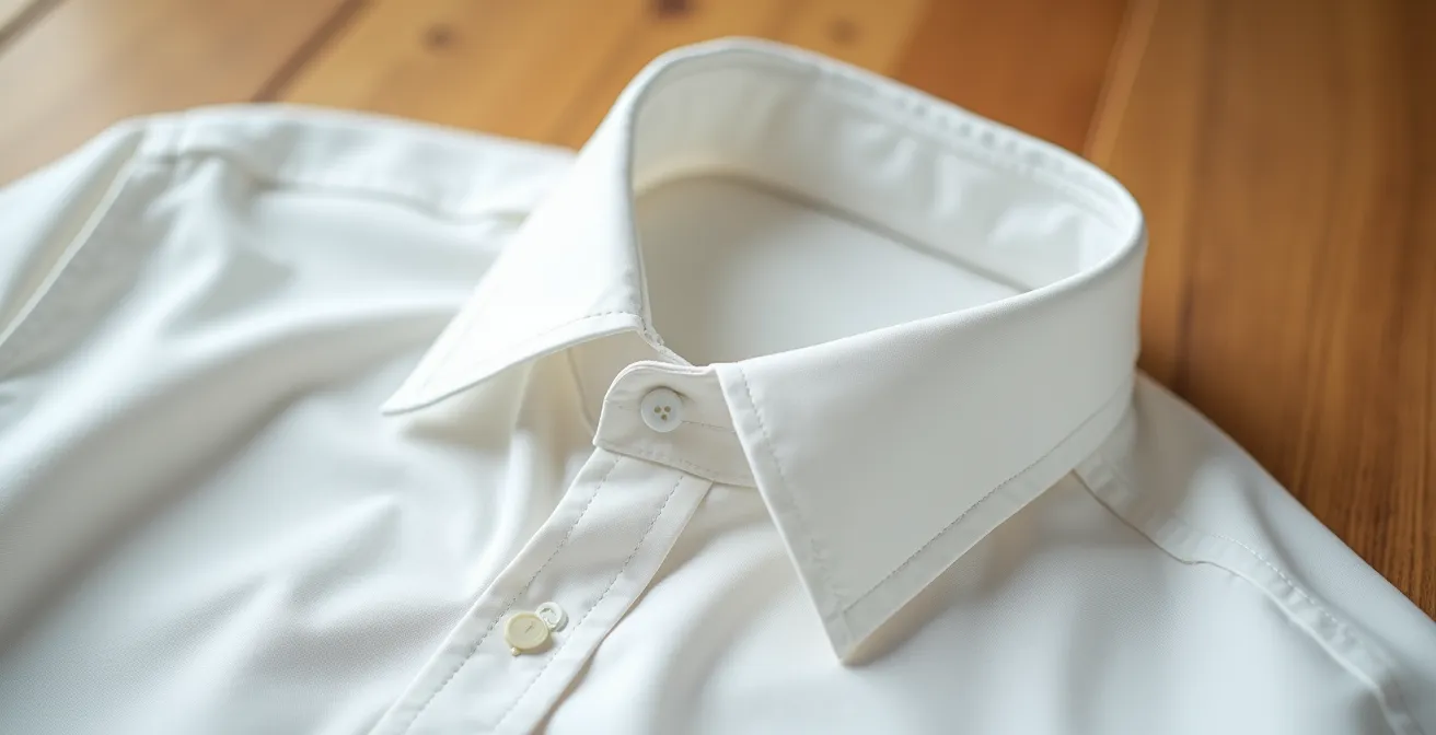 Nahaufnahme eines abgenutzten Hemdkragens mit sichtbaren Verschleißspuren