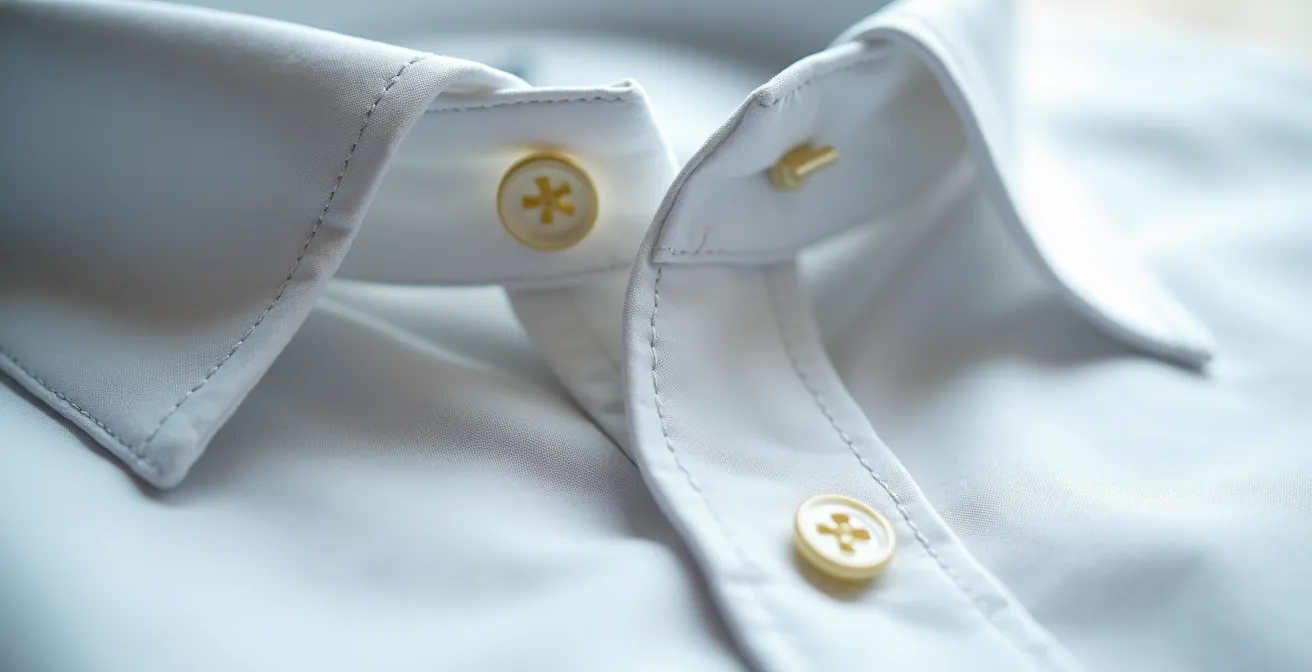 Detailaufnahme von präzisen Hemdenähten und Perlmuttknöpfen