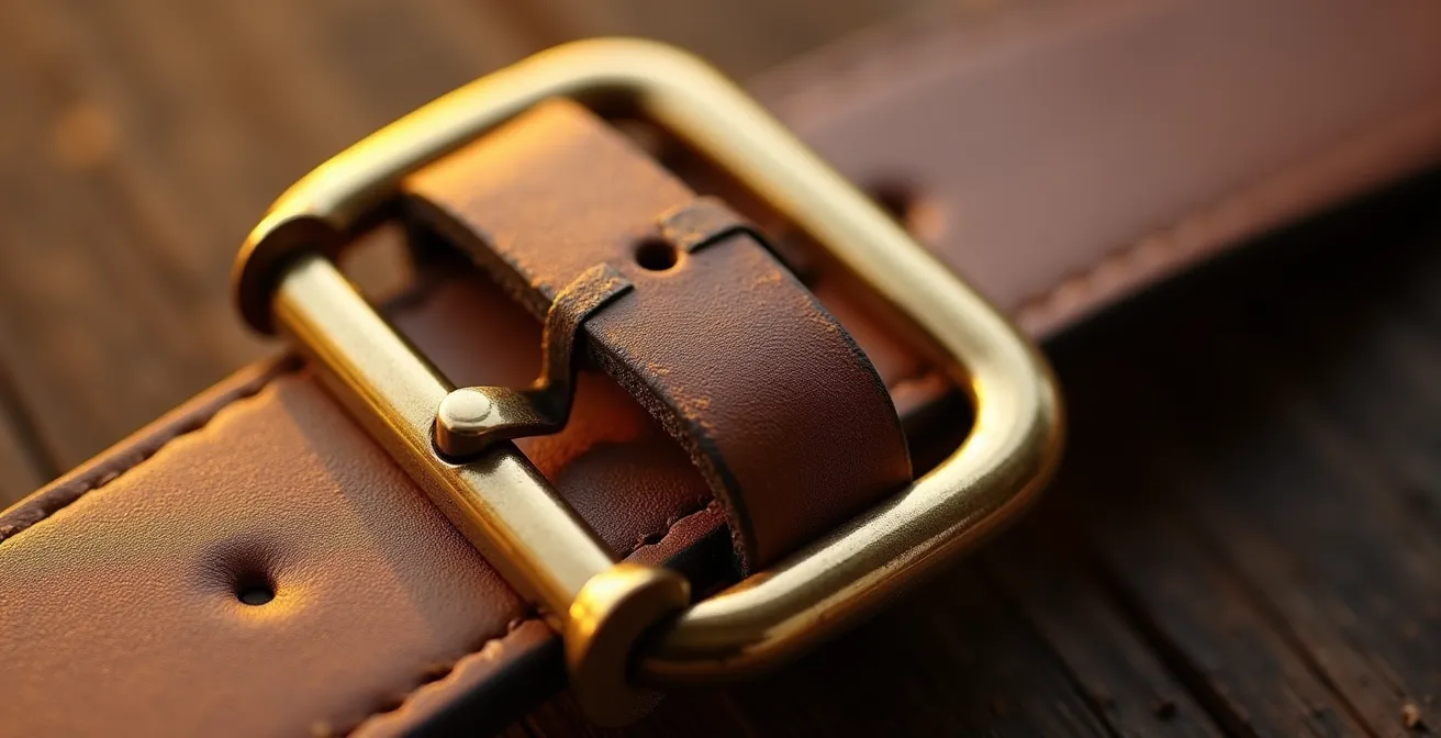 Makroaufnahme einer hochwertigen Messingschnalle mit handpolierten Kanten