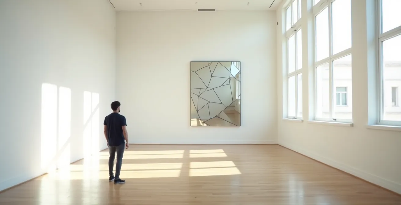 Minimalistische Szene mit einer Person, die vor einem abstrakten Spiegel steht und sich selbst reflektiert