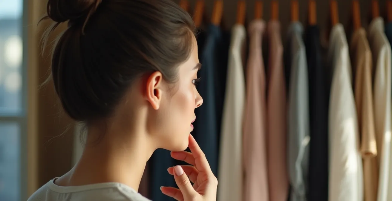 Eine Person steht nachdenklich vor einem offenen, sorgfältig organisierten Kleiderschrank im sanften Morgenlicht