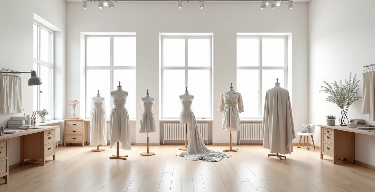 Minimalistisches Atelier mit verschiedenen Gestaltungsstufen von Kleidung