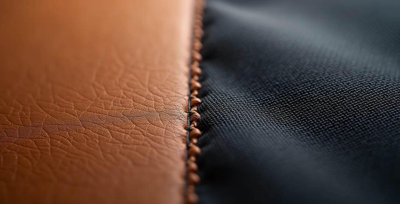 Nahaufnahme verschiedener Taschenmaterialien im Vergleich: links genarbtes Leder, rechts technisches Nylongewebe.
