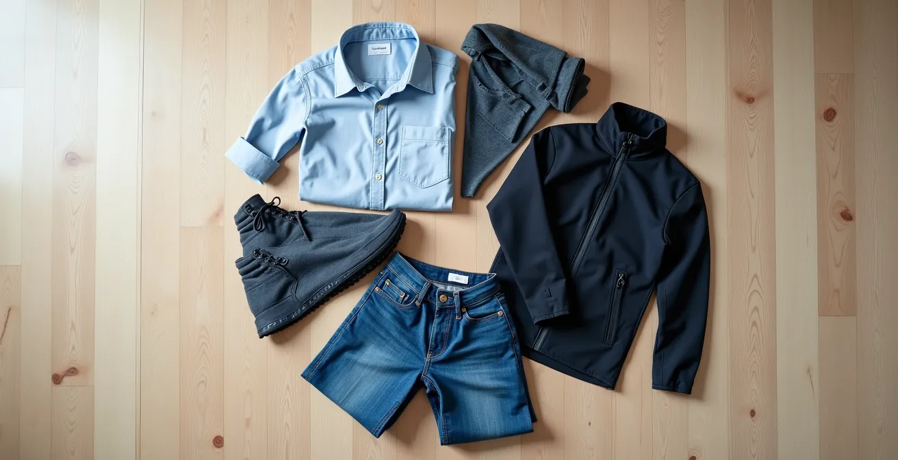 Übersichtliche Garderobe zeigt verschiedene Kleidungskategorien proportional zum Lebensstil