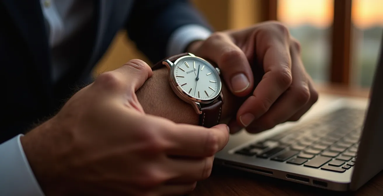 Nahaufnahme einer Hand, die eine elegante Uhr aufzieht, mit warmem Licht