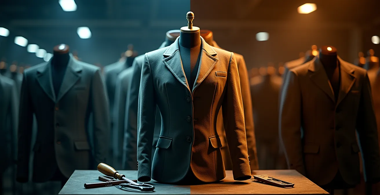 Kontrast zwischen industrieller Produktion und traditioneller Schneiderwerkstatt