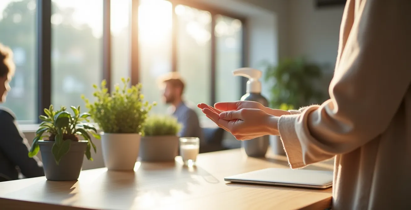 Achtsame Handpflege-Pause im modernen Büroumfeld