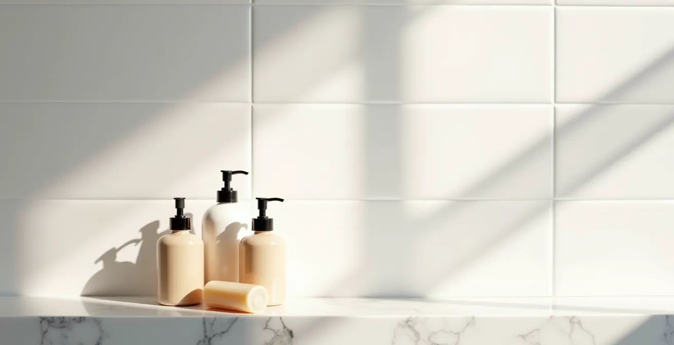 Übersichtliche Anordnung der essentiellen Haarpflegeprodukte für eine Basis-Routine auf einer sauberen Oberfläche