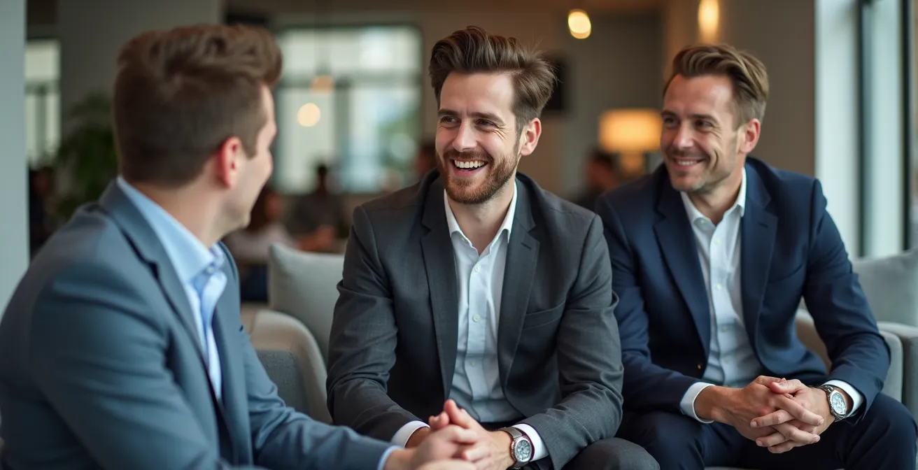 Geschäftsmänner in verschiedenen Dress-Codes beim Networking, die eine Verbindung durch ihre komplementäre Modeauswahl zeigen.