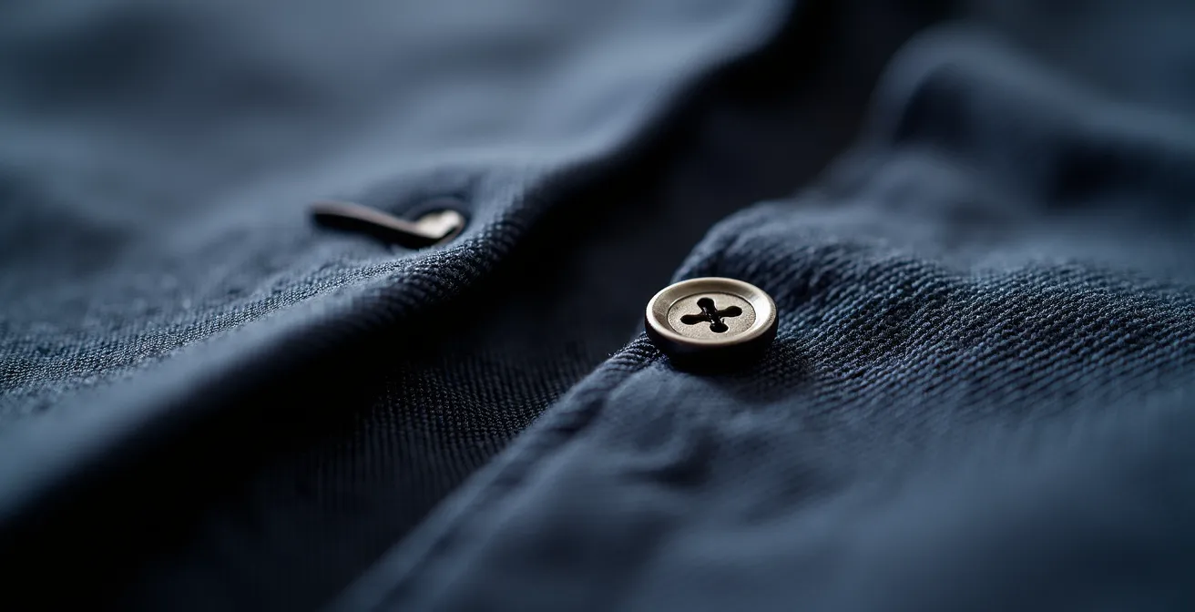 Detailaufnahme von hochwertiger Herrenbekleidung, die die Textur des Stoffes und die Qualität der Nähte ohne sichtbare Logos zeigt.