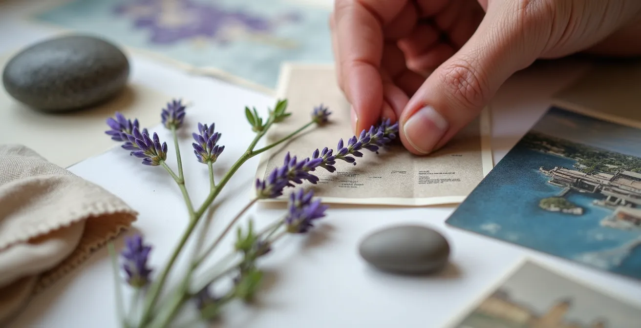 Hände arrangieren verschiedene Inspirationsmaterialien wie Stoffmuster, getrocknete Blumen und Postkarten auf einem hellen Holztisch