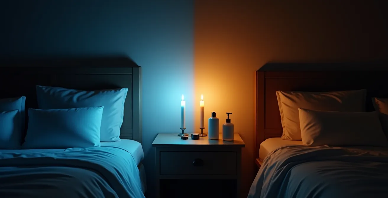 Visualisierung der nächtlichen Hautregeneration als Kontrast zwischen störendem blauen Licht und beruhigendem Nachtlicht