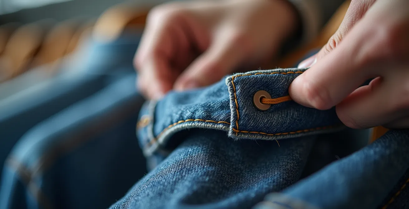 Hände prüfen Nahtqualität an Kleidungsstück