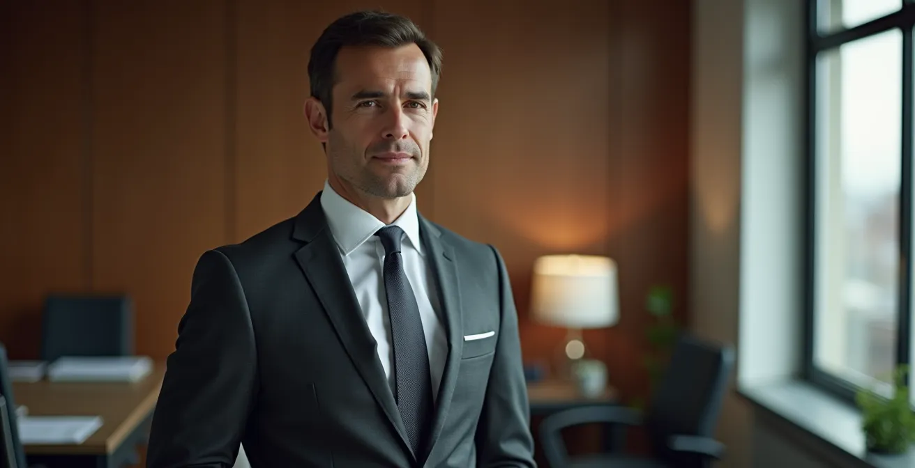 Geschäftsmann in maßgeschneidertem Anzug projiziert Autorität und Kompetenz