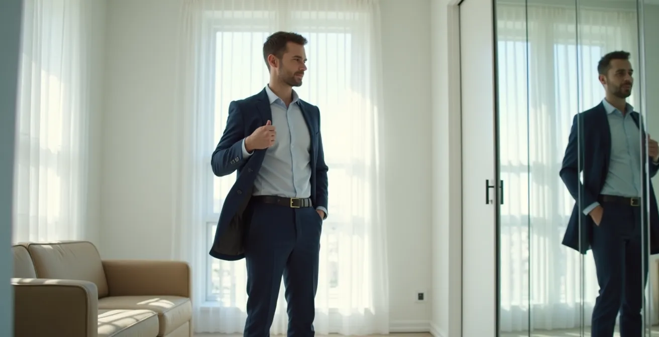 Mann prüft systematisch sein Outfit im Ganzkörperspiegel