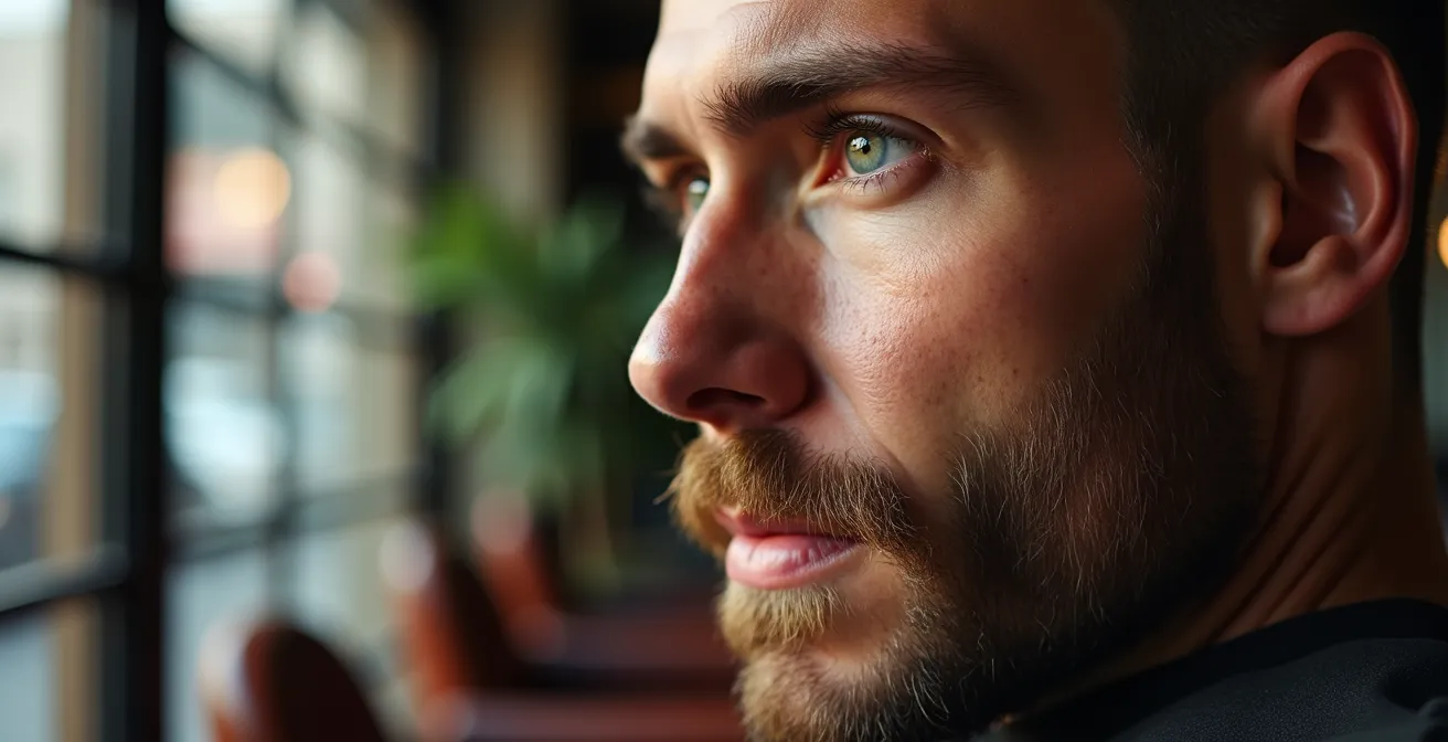 Detailaufnahme eines präzisen Haarschnitts und gepflegten Bartes