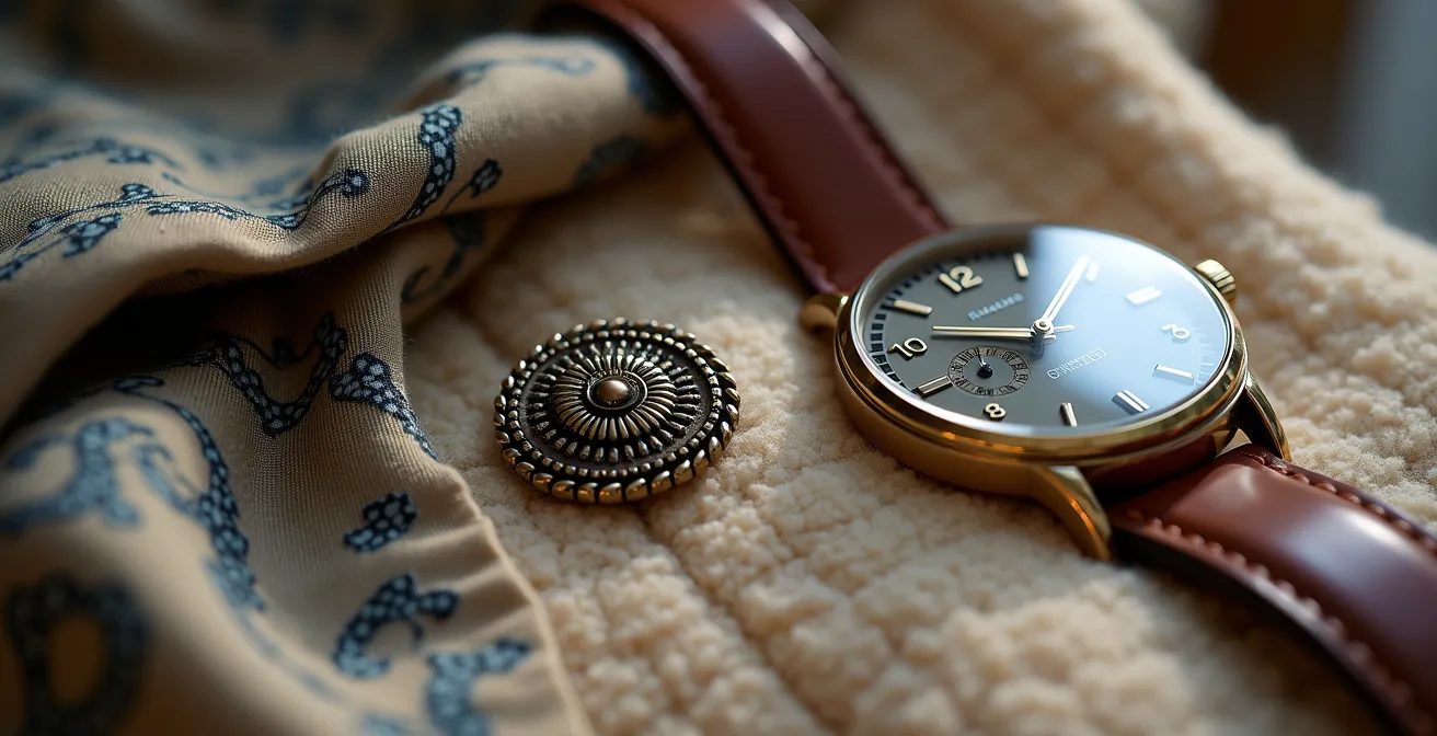 Nahaufnahme von persönlichen Signatur-Accessoires: eine Vintage-Brosche, ein Seidenschal und eine klassische Uhr, die Stil und Persönlichkeit ausdrücken.