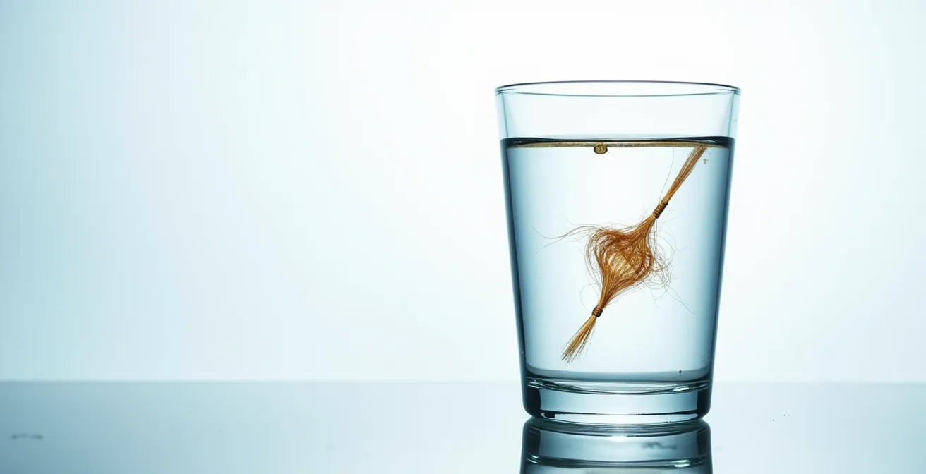 Nahaufnahme eines Wasserglases mit einer schwimmenden Haarsträhne zur Bestimmung der Haarporosität