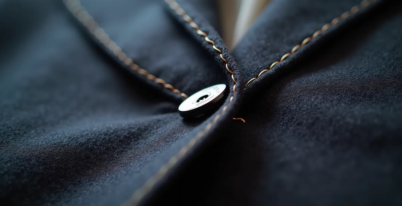 Makroaufnahme einer hochwertigen Naht an einem Wollblazer, die dichte Stiche und eine saubere Verarbeitung zeigt.