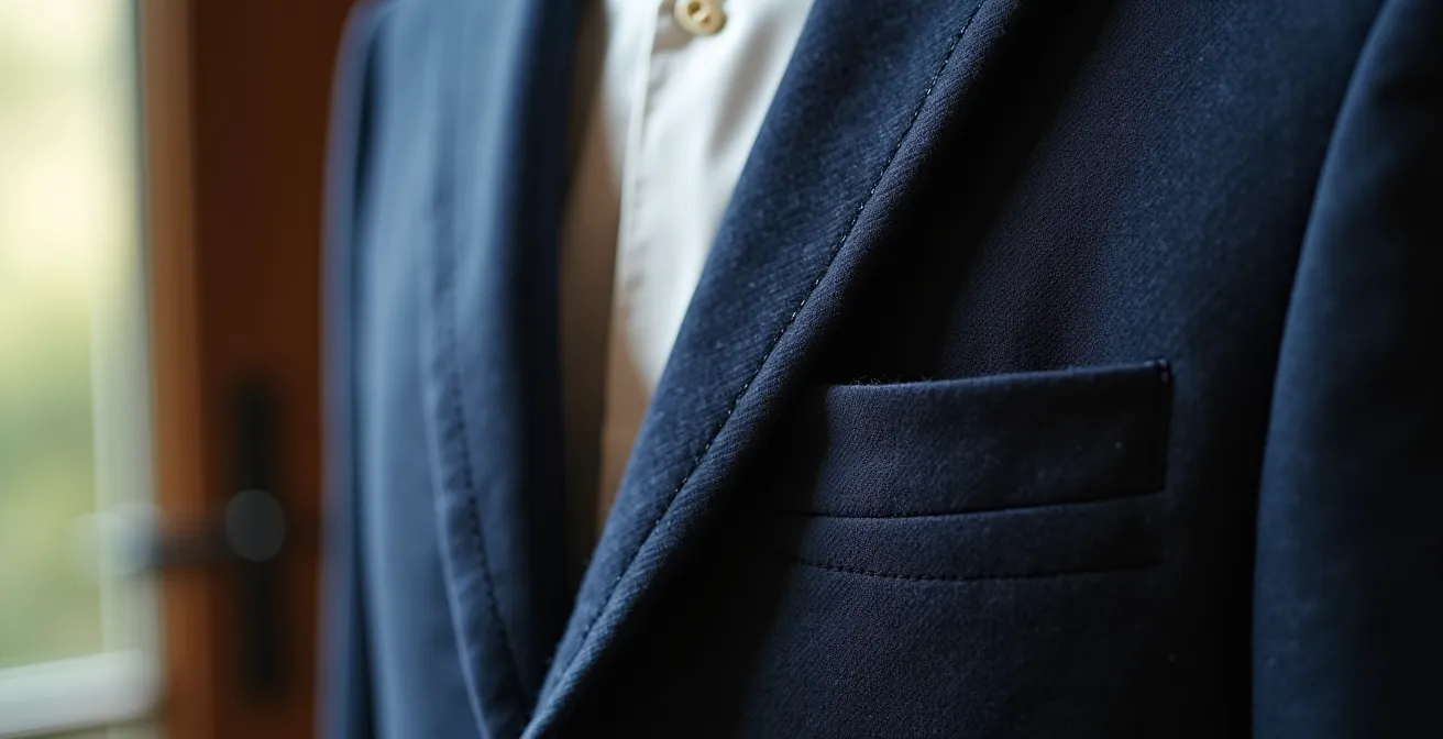 Makroaufnahme eines hochwertigen Blazers mit sichtbaren handwerklichen Details