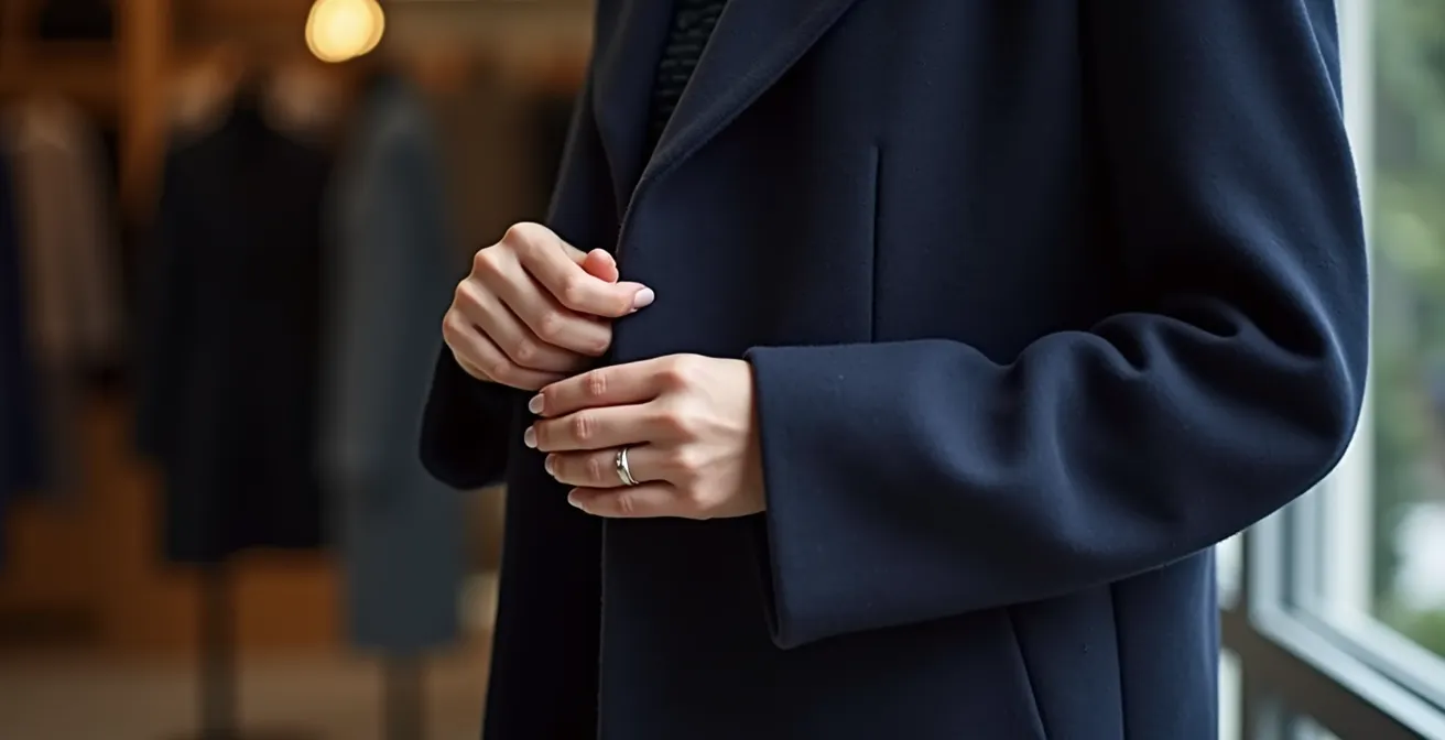 Hände prüfen die Stoffqualität eines Kleidungsstücks im Geschäft