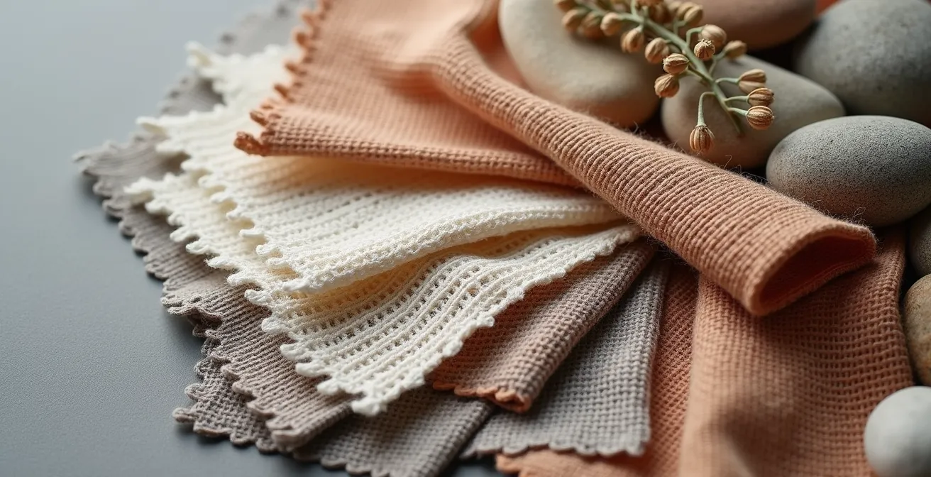 Makroaufnahme von Stofftexturen und Farbpaletten inspiriert von Naturmaterialien