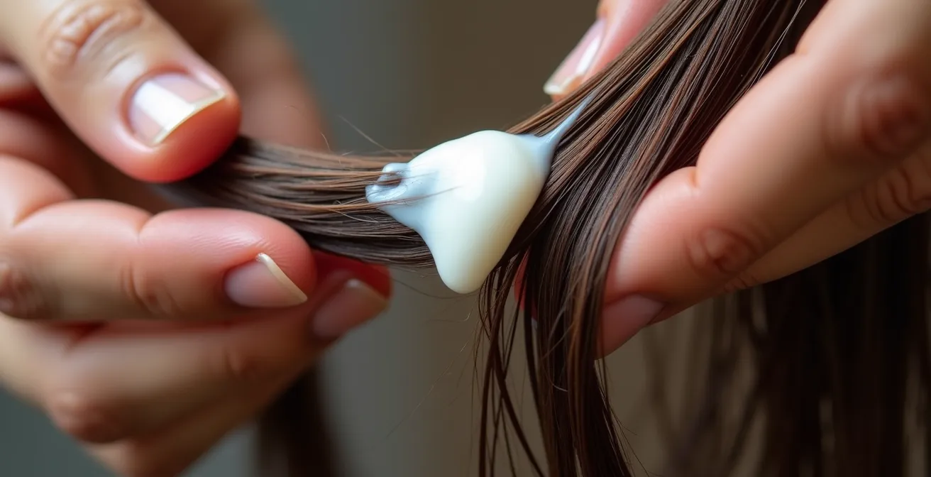 Detailaufnahme von Händen, die Haarmaske in Sektionen einarbeiten