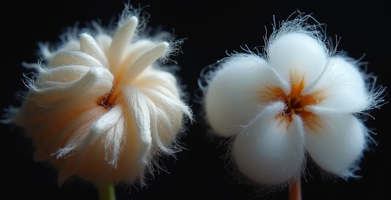 Makroaufnahme von Seidenfasern im Vergleich zu Baumwollfasern