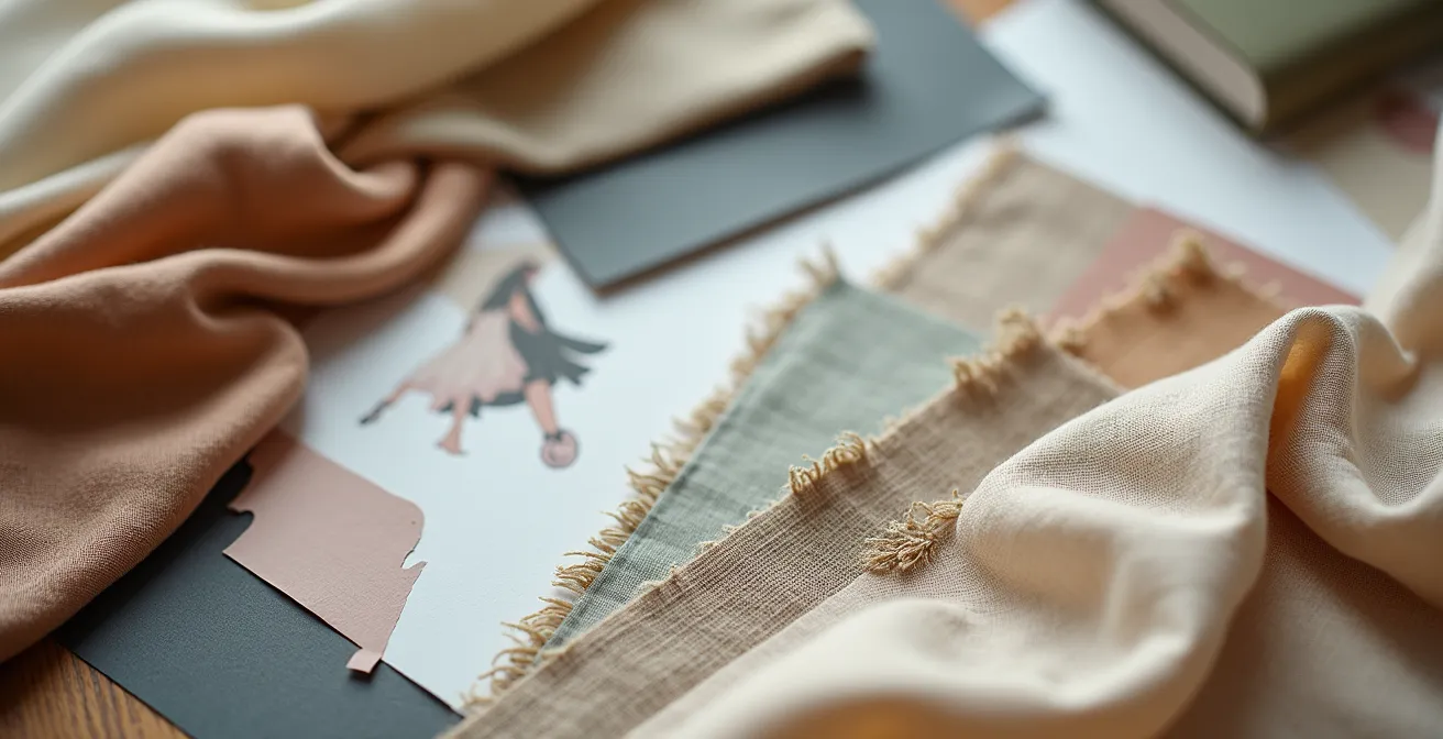 Kreatives Moodboard mit Stoffmustern und Farbpaletten auf einem Arbeitstisch