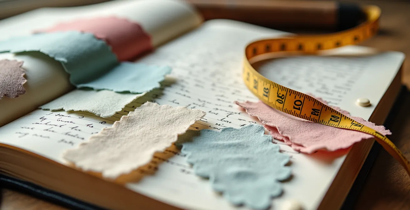 Nahaufnahme eines Stil-Tagebuchs mit Stoffmustern und Notizen zur Selbstbeobachtung