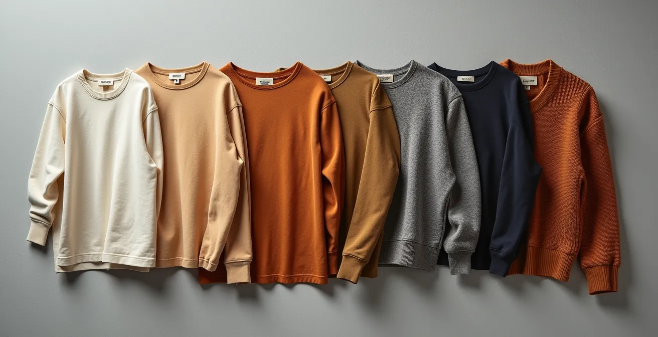 Harmonisch arrangierte Kleidungsstücke zeigen subtile Variationen innerhalb einer konsistenten Farbpalette