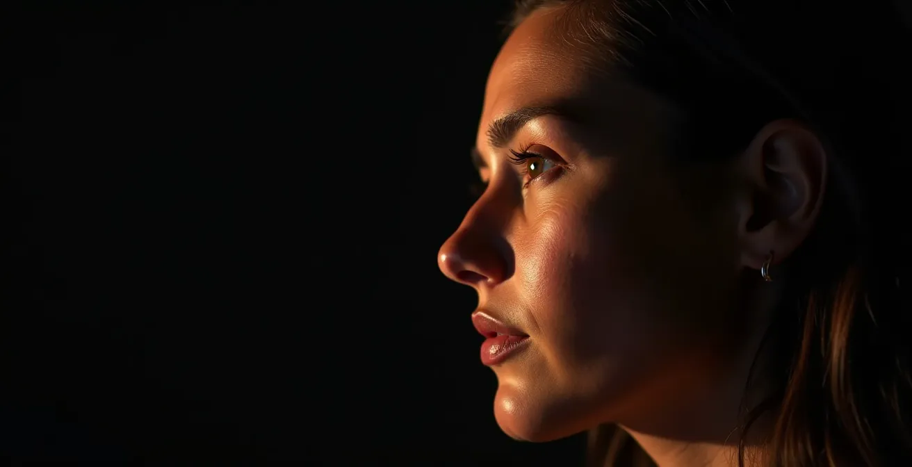Gesicht im Profil mit sichtbarer emotionaler Spannung in dramatischem Licht