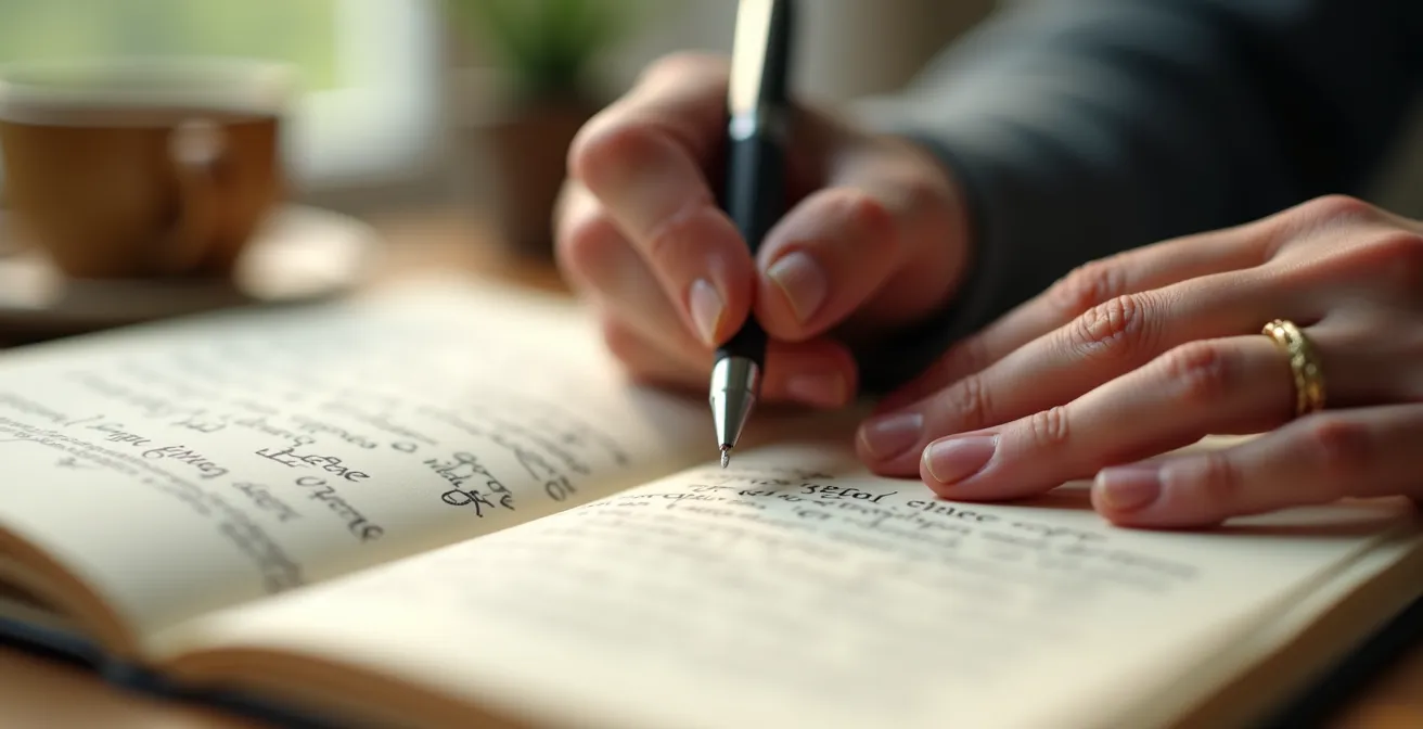 Nahaufnahme von Händen beim Schreiben in ein Journal mit weichem Licht