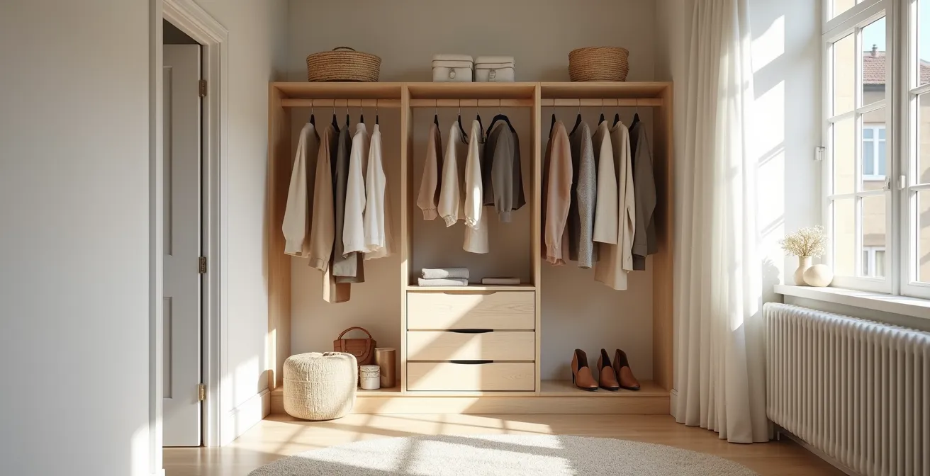 Minimalistische Darstellung einer durchdachten Garderobe mit Fokus auf zeitlose Basics