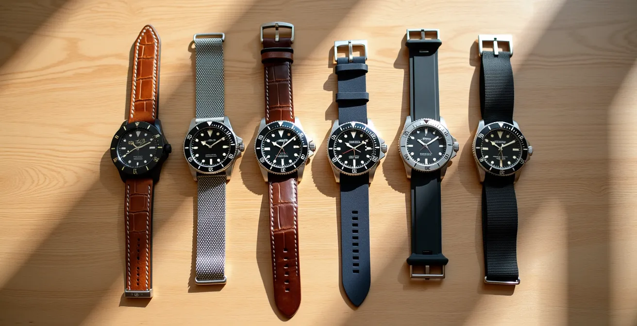 Minimalistische Komposition verschiedener Uhrenarmbänder in verschiedenen Materialien