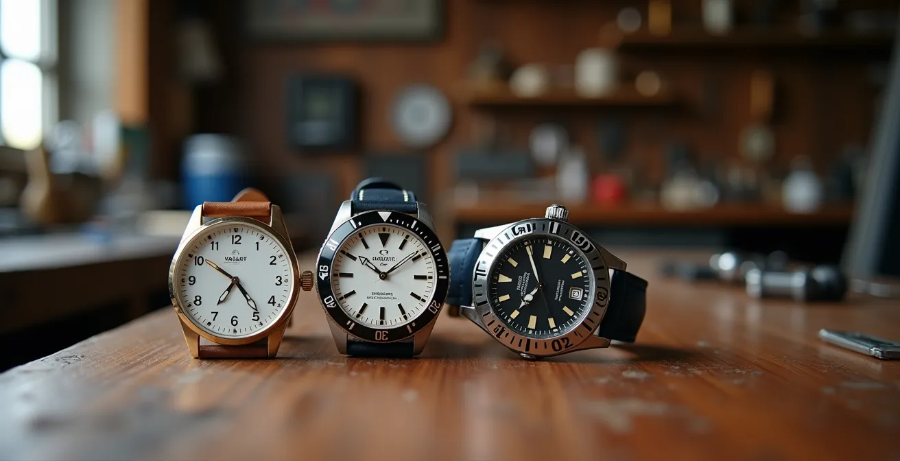 Drei verschiedene mechanische Uhrentypen auf Holztisch arrangiert