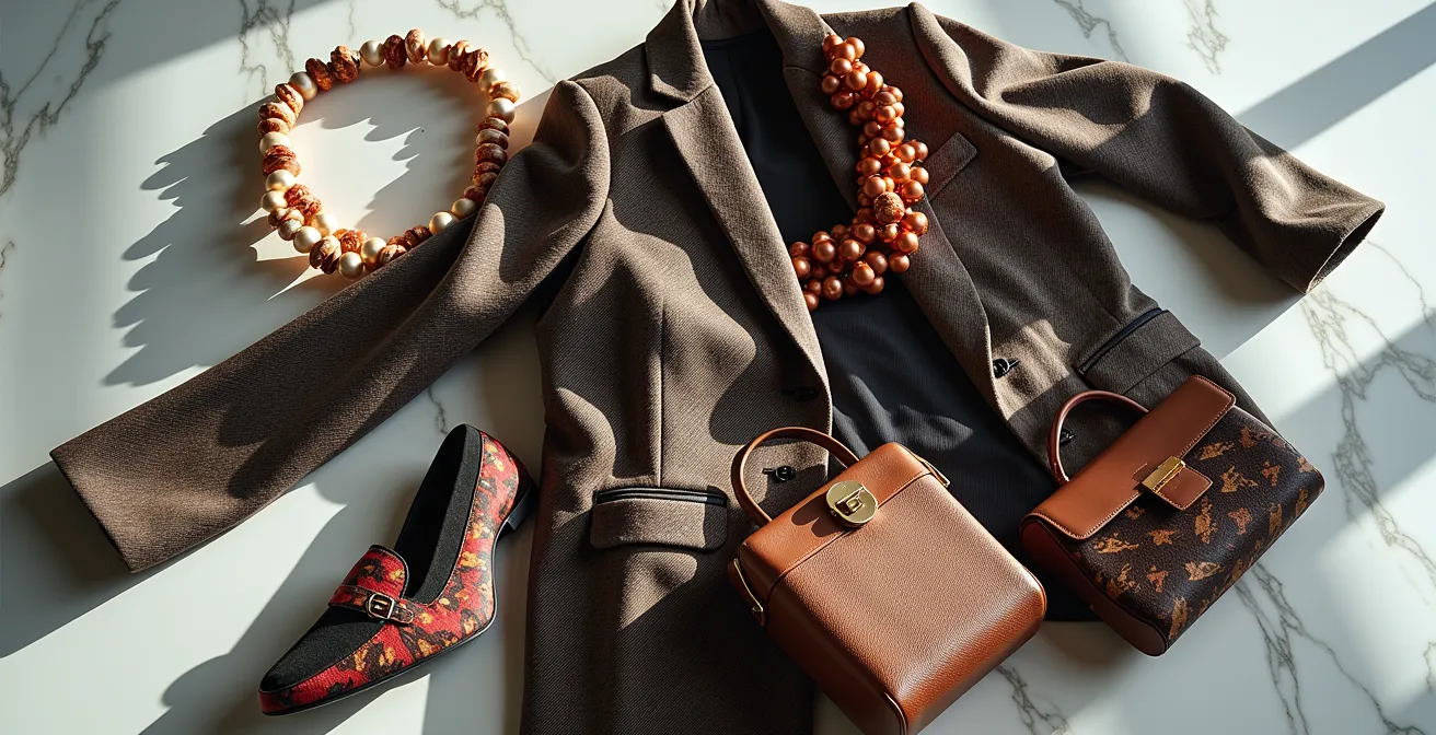 Visuelles Chaos: Ein überladenes Outfit mit zu vielen konkurrierenden Elementen wie Mustern, Schmuck und texturierten Stoffen.