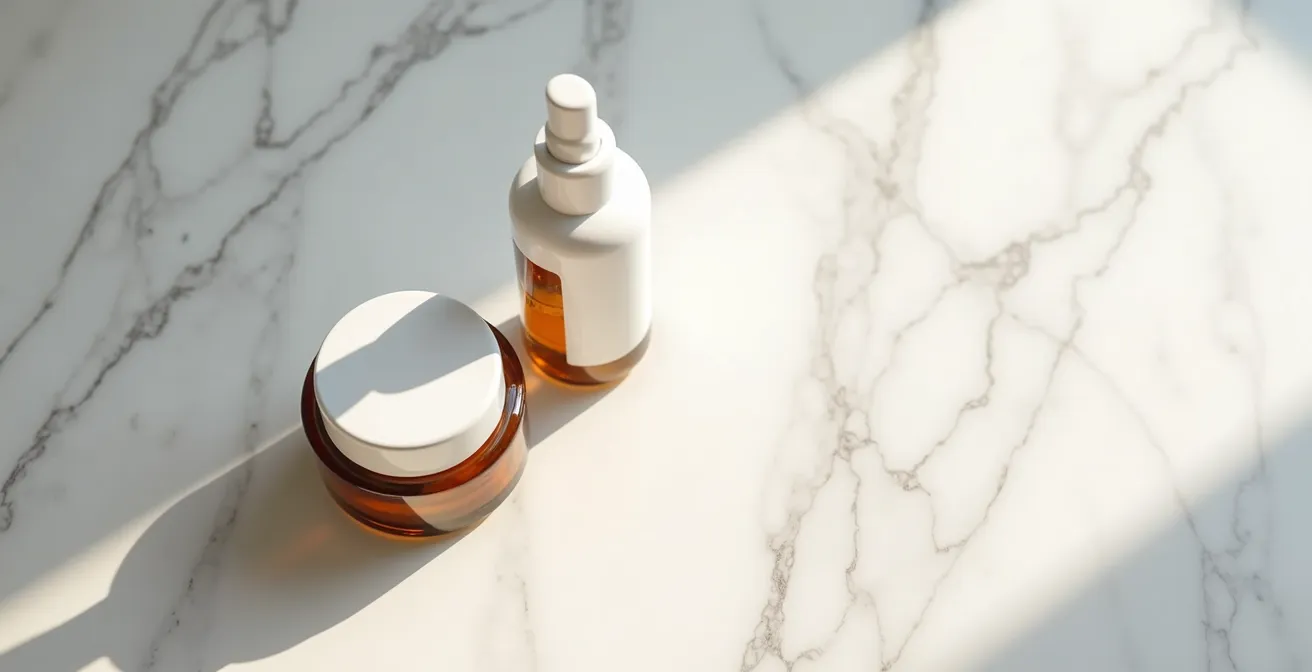 Minimalistische Hautpflegeroutine mit drei essentiellen Produkten auf Marmor