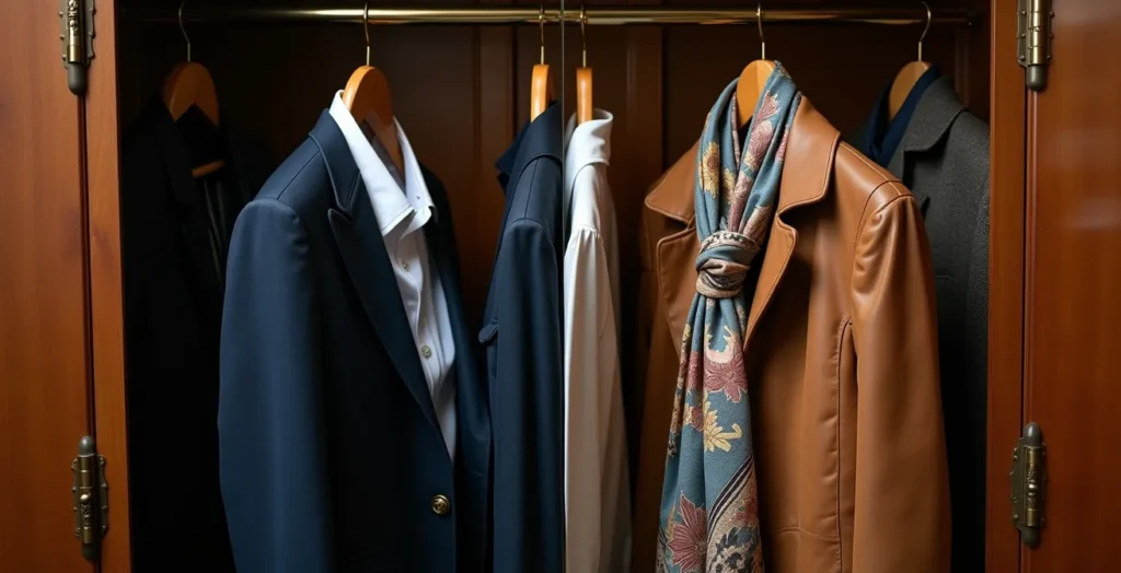 Gegenüberstellung von zeitlosen Klassikern und charaktervollen Vintage-Stücken in einem eleganten Ankleidezimmer Gegenüberstellung von zeitlosen Klassikern und charaktervollen Vintage-Stücken in einem eleganten Ankleidezimmer