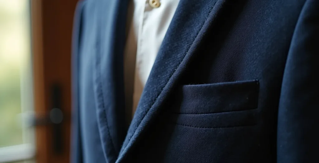 Makroaufnahme eines hochwertigen Blazers mit sichtbaren handwerklichen Details Makroaufnahme eines hochwertigen Blazers mit sichtbaren handwerklichen Details